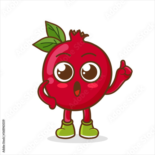 pomegranate points the finger upward. Cute cartoon character red pomegranate fruit. Vector illustration, isolated on white background