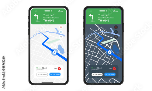 GPS map navigation ux ui concept, smartphone screen map app destination, app search map navigation, dark and light navigation map themes, city navigation maps, delivery driver, street, location vector