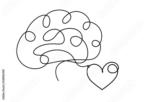 Abstract heart with brain as continuous line drawing on white background