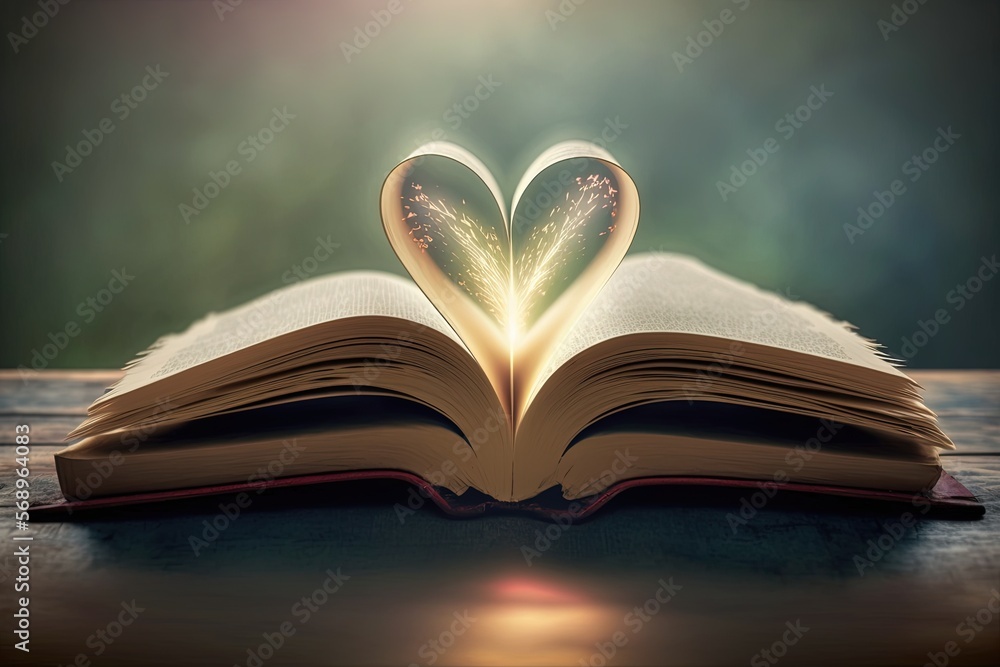 Fototapeta premium Bible on table with pages folded into heart shape. The symbol of Christ. Generative AI.