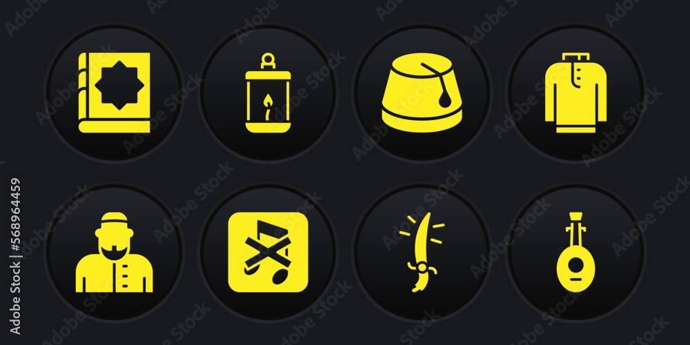 Set Muslim man, Shirt kurta, Speaker mute, Arabian saber, Turkish hat, Ramadan Kareem lantern, Lute and Holy book of Koran icon. Vector Set Muslim man, Shirt kurta, Speaker mute, Arabian saber, Turkish hat, Ramadan Kareem lantern, Lute and Holy book of Koran icon. Vector