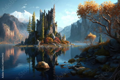 Lake in the mountains  medieval fantasy landscape