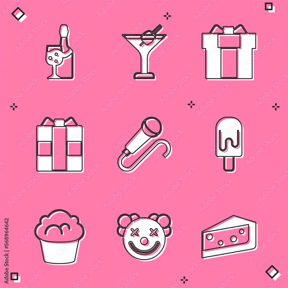 Set Champagne bottle, Martini glass, Gift box, Microphone, Ice cream, Muffin and Clown head icon. Vector Set Champagne bottle, Martini glass, Gift box, Microphone, Ice cream, Muffin and Clown head icon. Vector