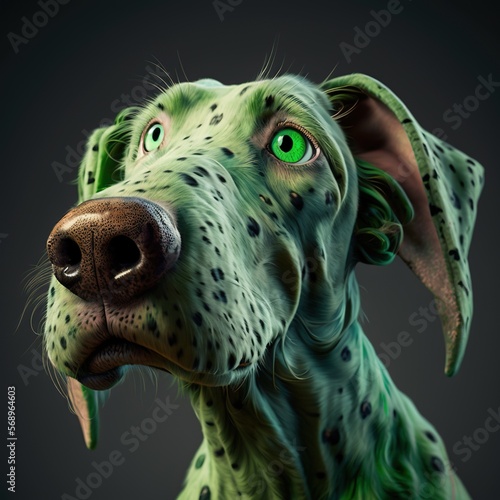 Green dog with a big nose. Generative AI.