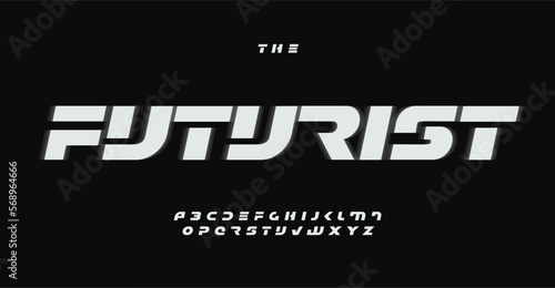 Modern futuristic alphabet, bold heavy letters, cool dynamic font for EDM logo, speed, space and technological headline, game typography design. Vector typographic design