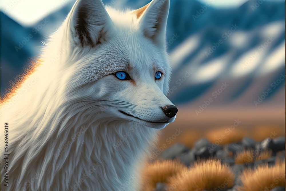 Fototapeta premium White fox with blue eyes in a mountain. Generative AI.