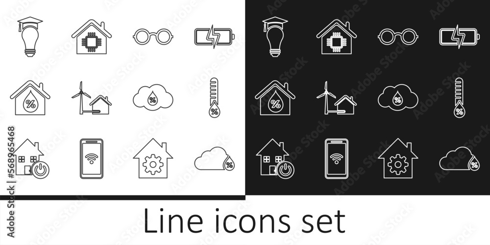 Set line Humidity, Glasses, House with wind turbine, humidity, Light bulb and graduation cap, and Smart home icon. Vector