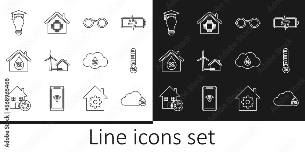 Set line Humidity, Glasses, House with wind turbine, humidity, Light bulb and graduation cap, and Smart home icon. Vector Set line Humidity, Glasses, House with wind turbine, humidity, Light bulb and graduation cap, and Smart home icon. Vector