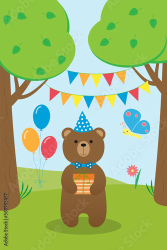 Cute bear in the forest. The bear is holding a gift. Bright illustration.