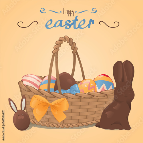 Easter greeting card with chocolate eggs and bunny