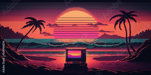 Retro futuristic synthwave style sunset at the beach colorful background with super moon behind it, generated with AI. Suitable for background design, wallpaper, futuristic website, poster, banner.