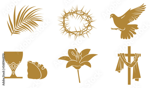 Set of golden symbols of Christianity on white background