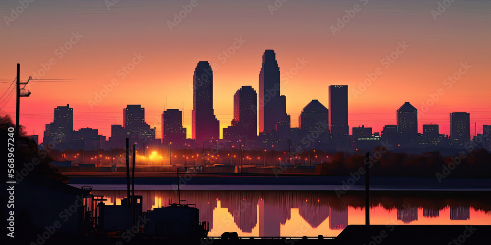 City Skyline at Sunset in the Late Summer Wallpaper, Illustration, Generative AI Digital Illustration