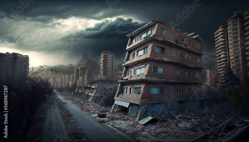 Generative AI illustration of a view of the remains of a city due to an earthquake in turkey and syria