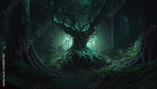 Scary forrest  horror background. Fantasy illustration. Generative AI