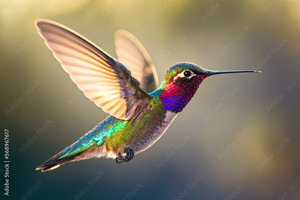 Fototapeta premium Colorful Hummingbird Flying, Dark Background, Closeup, Generative AI Digital Illustration