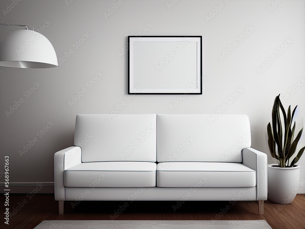 Blank poster frame mock up in scandinavian style living room interior, modern living room interior background, white sofa on wooden floor, 3d rendering, generative ai