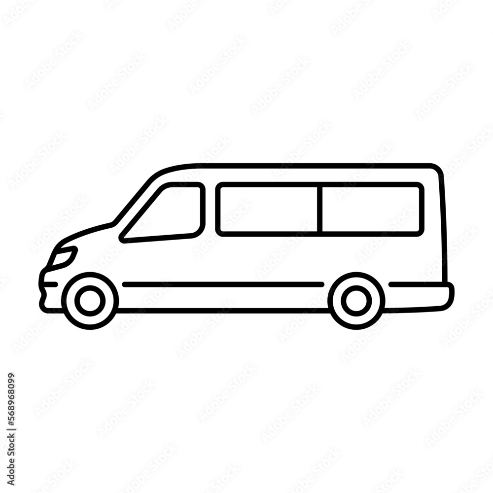 Minibus icon. Small passenger bus. Black contour linear silhouette. Side view. Editable strokes. Vector simple flat graphic illustration. Isolated object on a white background. Isolate. Minibus icon. Small passenger bus. Black contour linear silhouette. Side view. Editable strokes. Vector simple flat graphic illustration. Isolated object on a white background. Isolate.