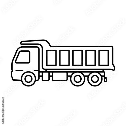 Dump truck icon. Black contour linear silhouette. Side view. Editable strokes. Vector simple flat graphic illustration. Isolated object on a white background. Isolate.
