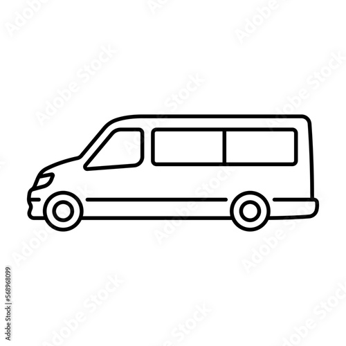 Minibus icon. Small passenger bus. Black contour linear silhouette. Side view. Editable strokes. Vector simple flat graphic illustration. Isolated object on a white background. Isolate.