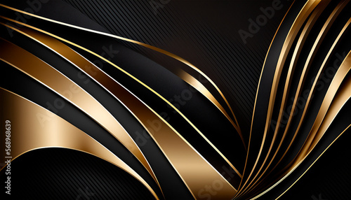 Elegant modern Black and golden abstract waves and curves on black background. AI generated