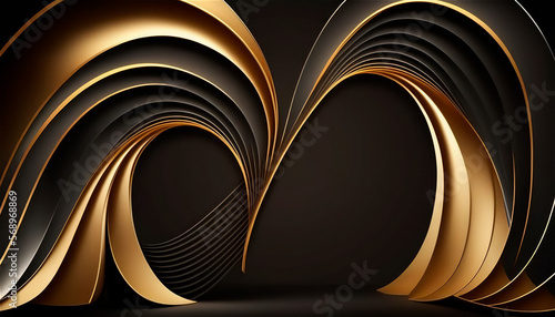 Elegant modern Black and golden abstract waves and curves on black background. AI generated