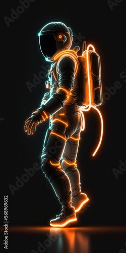 Neon Astronaut Isolated on Black Background. Generative AI. © Henry Letham