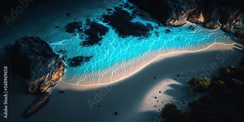 Neon Blue Water and White Sandy Beach Concept Art. Generative AI.