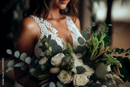 Beautiful bride in a white gown cradling a bouquet of eucalyptus and white flowers - Generative Ai photo