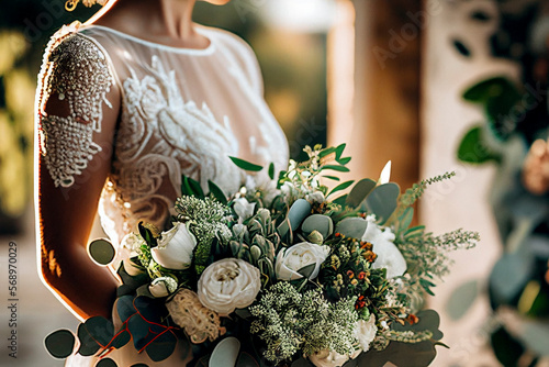 Bride in white wedding dress holding a splendid bridal bouquet - Generative Ai photo
