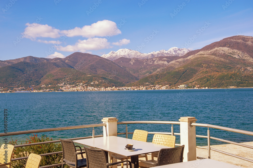 Beautiful winter Mediterranean landscape. Montenegro, Adriatic Sea. View of Bay of Kotor on sunny day. Tivat