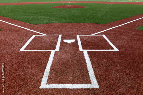 Batter's box and home plate at Baseball field with nobody