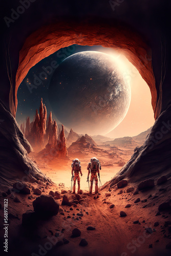 Landscape planet Mars, Life on Mars, Sunset on Mars. Mars mountains, Generaive AI illustration,