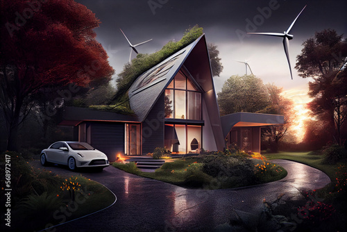 Sustainable living, green home with renewable energy. Generative AI