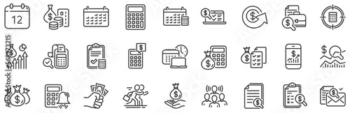 Set of Calculator, Check investment and Report icons. Accounting line icons. Calendar, Banking account and Finance accounting report document. Bill, Calculator and Wealth auditing. Vector