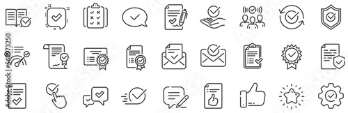Set of Checklist, Certificate and Award medal icons. Approve line icons. Certified document, Accepted approve and Confirm mail. Guarantee, Check mark and Correct agreement. Checklist document. Vector