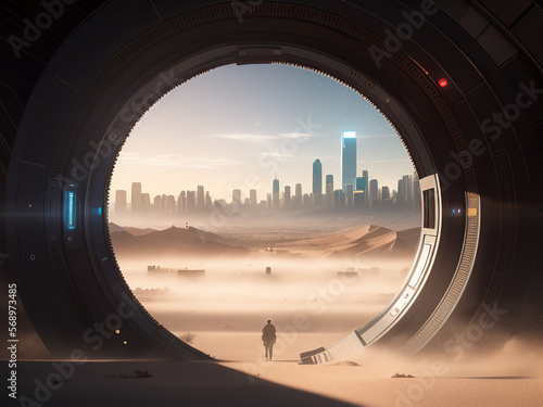 Sci-Fi Portal in the Desert. Generative AI.