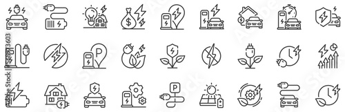 Charge station, Ev parking and Battery charger set. Electric car charging line icons. Home car charging, power station and electro energy line icons. Charge battery, parking electric plug. Vector