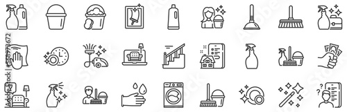 Laundry, Window sponge and Vacuum cleaner icons. Cleaning line icons. Washing machine, Housekeeping service and Maid cleaner equipment. Window cleaning, Wipe off, laundry washing machine. Vector
