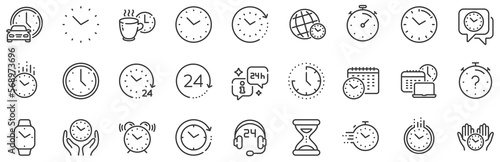 Timer, Alarm and Smartwatch. Time and clock line icons. Time management, 24 hour clock, deadline alarm icons. Sand hourglass, calendar and digital smartwatch, timer stopwatch. Vector