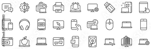 Laptop, Tablet PC and Smartphone icons. Mobile device line icons. HDD, SSD and Flash drive. Headphones, Printer and tablet device. Mouse, ssd disk, mobile laptop. Memory hdd drive. Vector