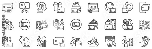 Payment card terminal, bankrupt and contactless pay set. Credit card line icons. Bank atm exchange, cut credit card and CVV code line icons. POS terminal, online bank payment, wallet. Vector