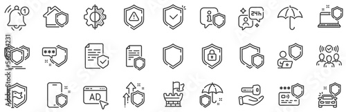 Car insurance, Secure shield and Safe umbrella. Defense line icons. Safety risk, Computer security and Defense privacy icons. Secure online information, Tower castle and protect shield. Vector
