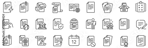Copy files, Contract agreement, Passport. Documents line icons. CV interview, documents workflow, attachment clip icons. Change files, wrong document, bureaucracy and contract signature. Vector