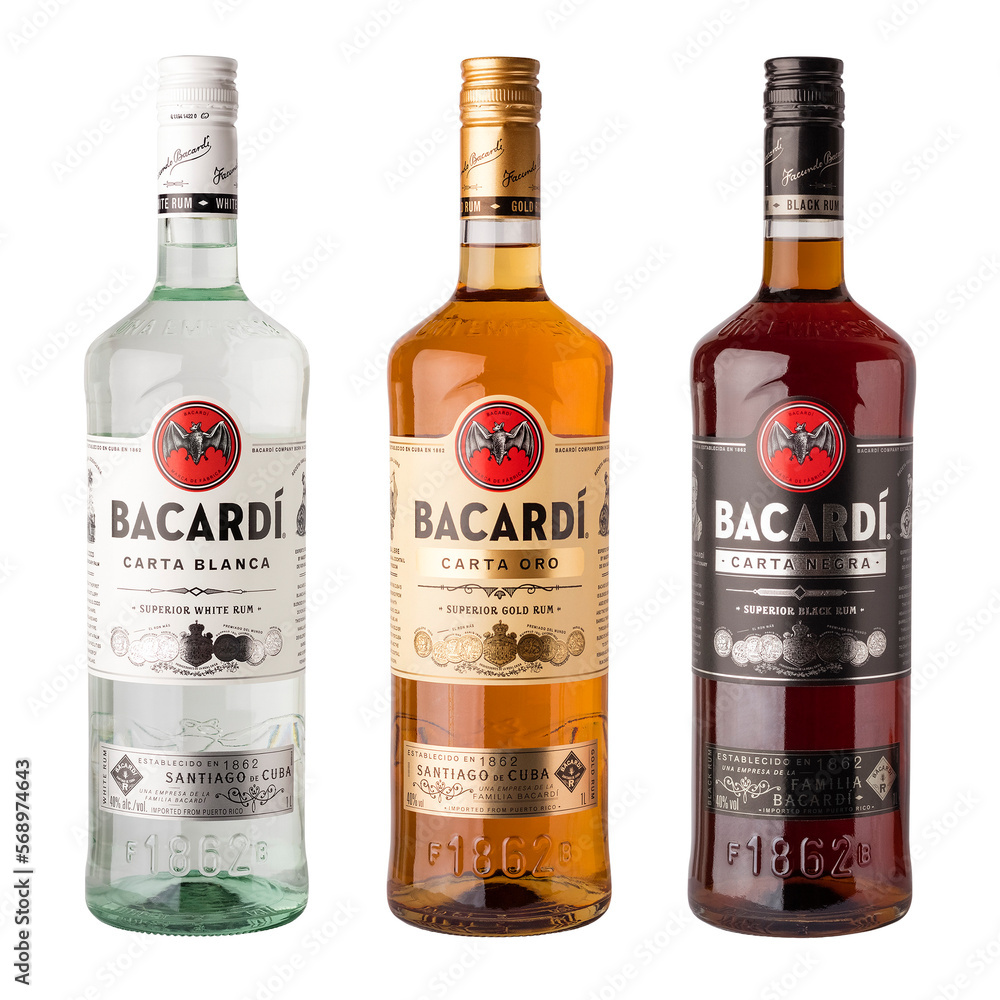 Three glass bottles of Bacardi Carta Blanca, carta oro, carta negra rum on  a transparent background. isolated object. Element for design Stock Photo |  Adobe Stock