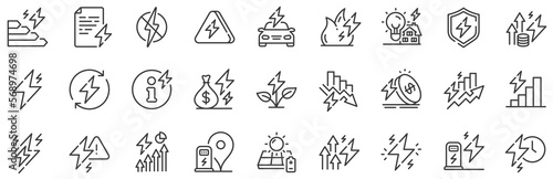 Electric power, Charge station and Electricity price inflation set. Energy line icons. Eco energy, efficiency consumption and saving electricity line icons. Lightning bolt, electric power. Vector