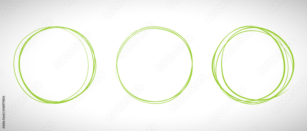 Green circle line hand drawn set. Highlight hand drawing circle isolated on background. Round handwritten circle. For marking text, note, mark icon, number, marker pen, pencil and text check, vector Green circle line hand drawn set. Highlight hand drawing circle isolated on background. Round handwritten circle. For marking text, note, mark icon, number, marker pen, pencil and text check, vector