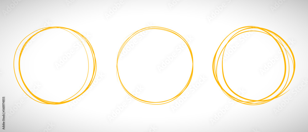 Orange circle line hand drawn set. Highlight hand drawing circle isolated on background. Round handwritten circle. For marking text, note, mark icon, number, marker pen, pencil and text check, vector Orange circle line hand drawn set. Highlight hand drawing circle isolated on background. Round handwritten circle. For marking text, note, mark icon, number, marker pen, pencil and text check, vector