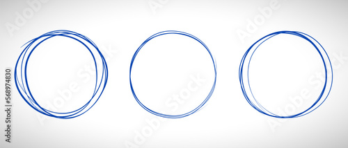 Navy blue circle line hand drawn set. Highlight hand drawing circle on background. Round handwritten blue circle. For marking text, note, mark icon, number, marker pen, pencil and text check, vector