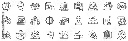 Teamwork, People and Technical documentation. Engineering line icons. Blueprint with gear, engineer and construction helmet set icons. Technician, industrial people, engineering process. Vector